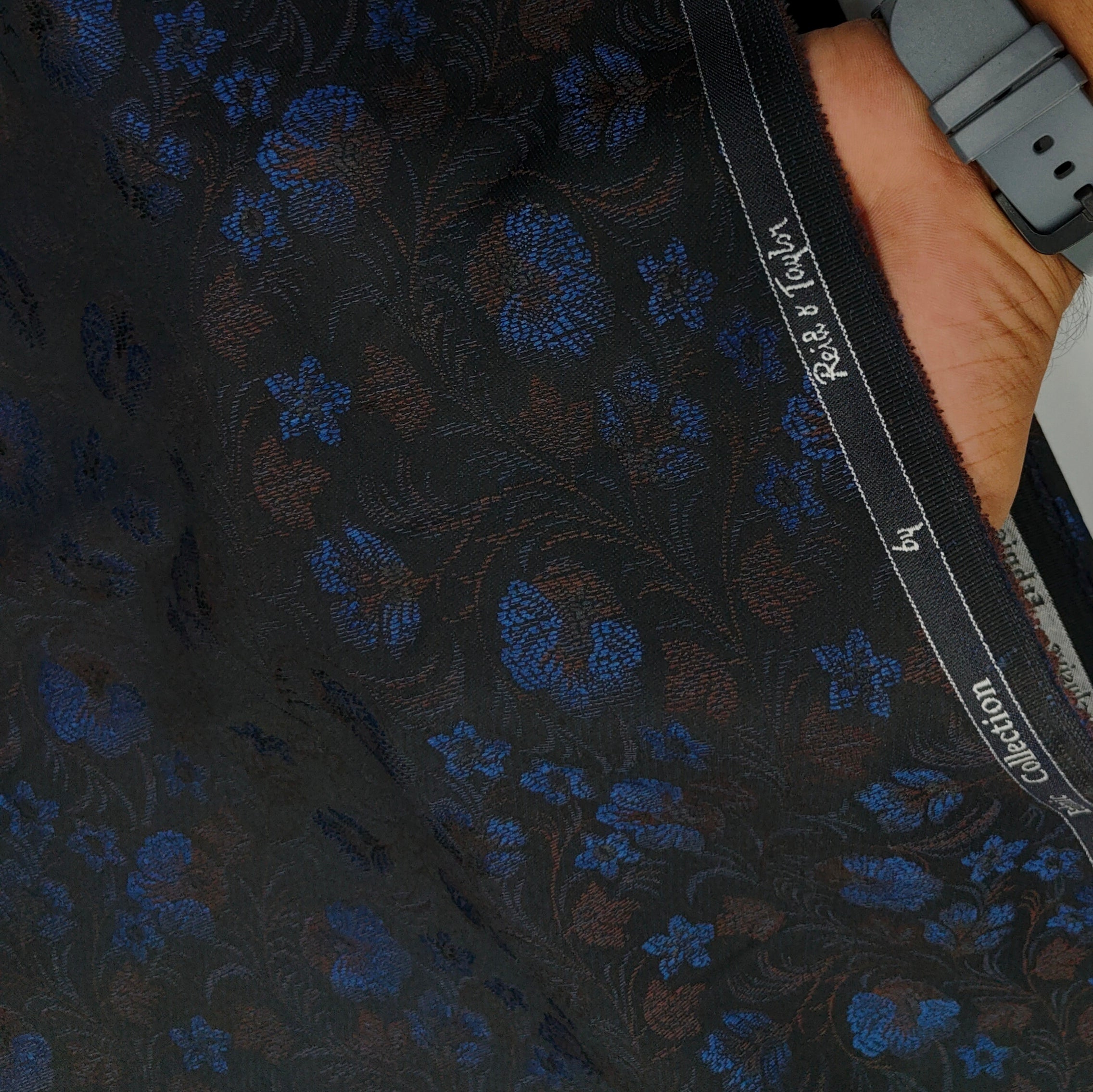 Reid & Taylor Jacquard Premium Bandhgala Fabric Colour Cobalt Blue N Bistre Brown